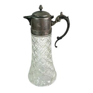 Vintage Glass Claret Carafe Pitcher Ewer Diamond Cut Silver Plate Lid Handle 14"